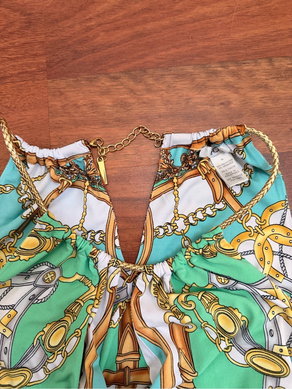 Cache Aqua, Mint & White Halter Camisole with Gold Chain Print XL - Picture 3 of 3